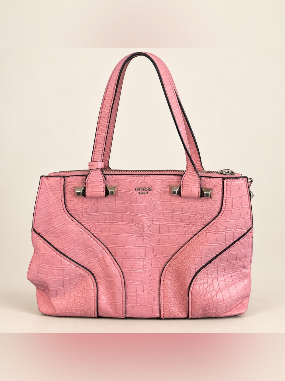 GUESS 1981 Pink Croc Embossed Satchel Tote Bag Studded Y2K Large
